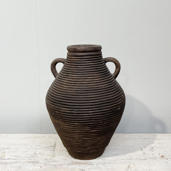 Urn Ribbed w Two Handles BROWNWASH