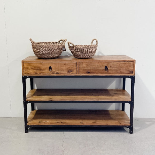 Fir & Iron Table w. Shelves / Drawers DARK BROWN