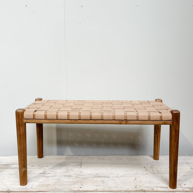 Leather & Wooden Bench Seat / Walnut