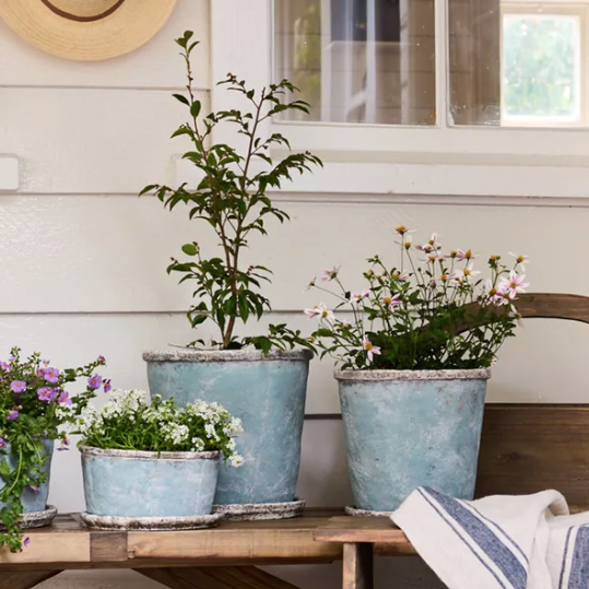 Sea Blue Rustic Planter & Saucer / TALL