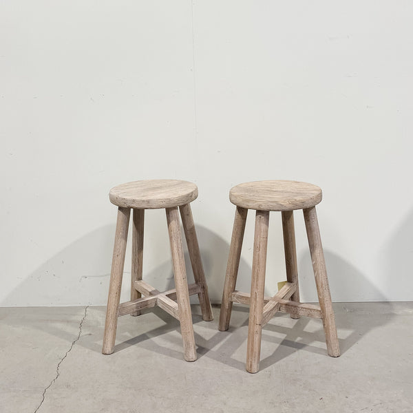 Reclaimed Elm Round Top Stool - WHITEWASH